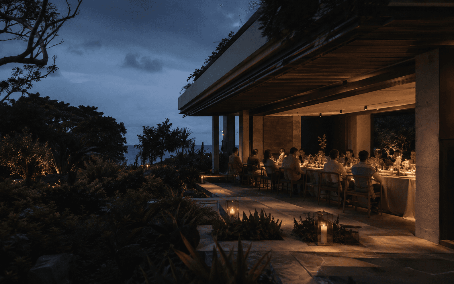 Concept of a refined outdoor celebration on the Mauritian coast at dusk