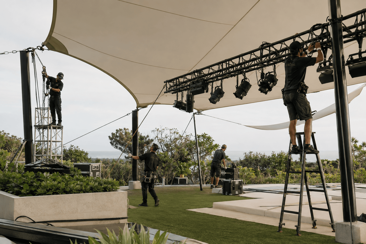 Concept of an event production team preparing a contemporary outdoor structure
